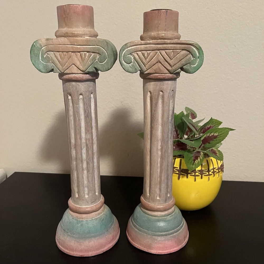 Pier 1 Aztec‎ Pillar Candlesticks Set Southwest Wooden Carved Pastel Decor